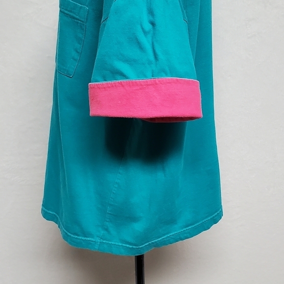 VINTAGE 90s Teal Hot Pink Oversized Boxy Cut Cuffed Short Sleeve Cropped Tee - Picture 10 of 13